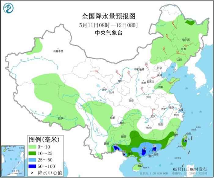 全国降水量预报图(5月11日08时-12日08时) 华南江南有对流性降雨天气 北方部分地区有大风和沙尘
