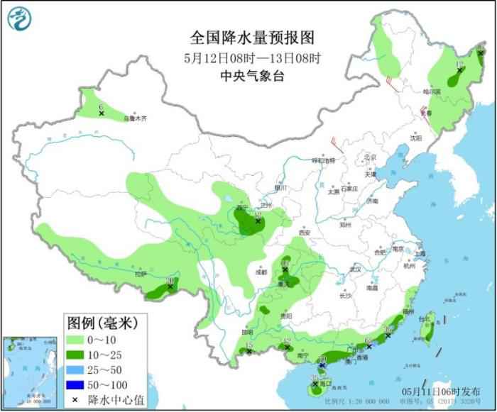 全国降水量预报图(5月12日08时-13日08时) 华南江南有对流性降雨天气 北方部分地区有大风和沙尘
